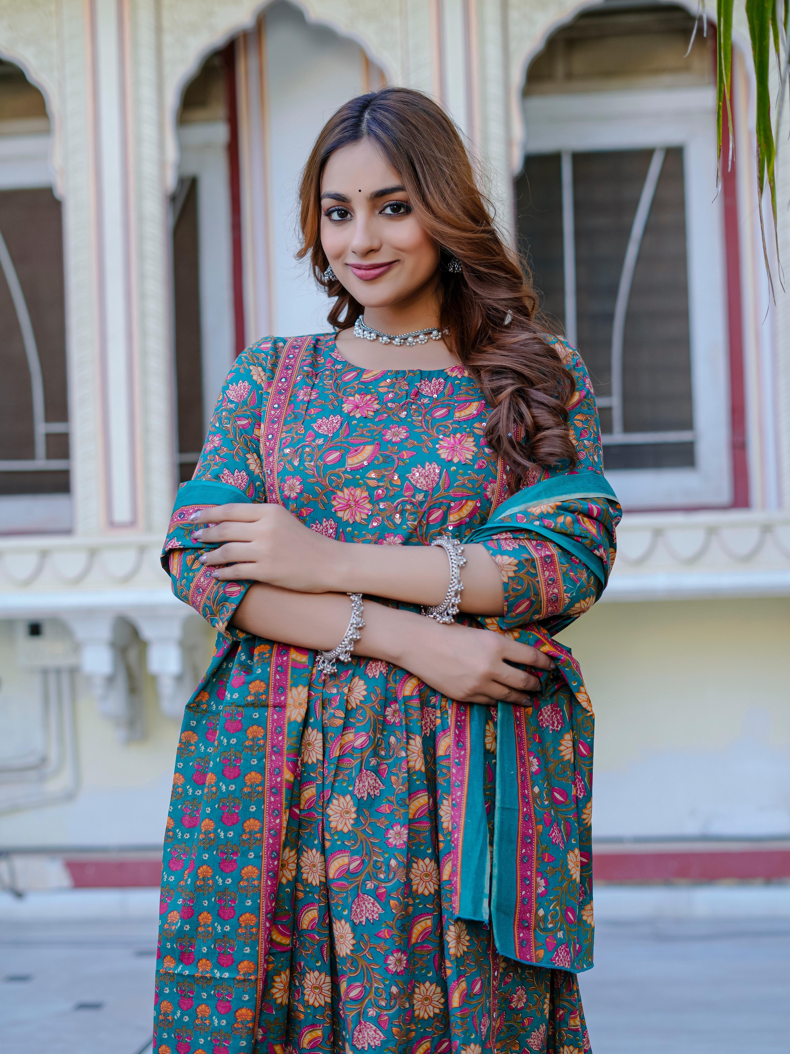Royal Green Floral Print  Kurti Set –HKvastra
