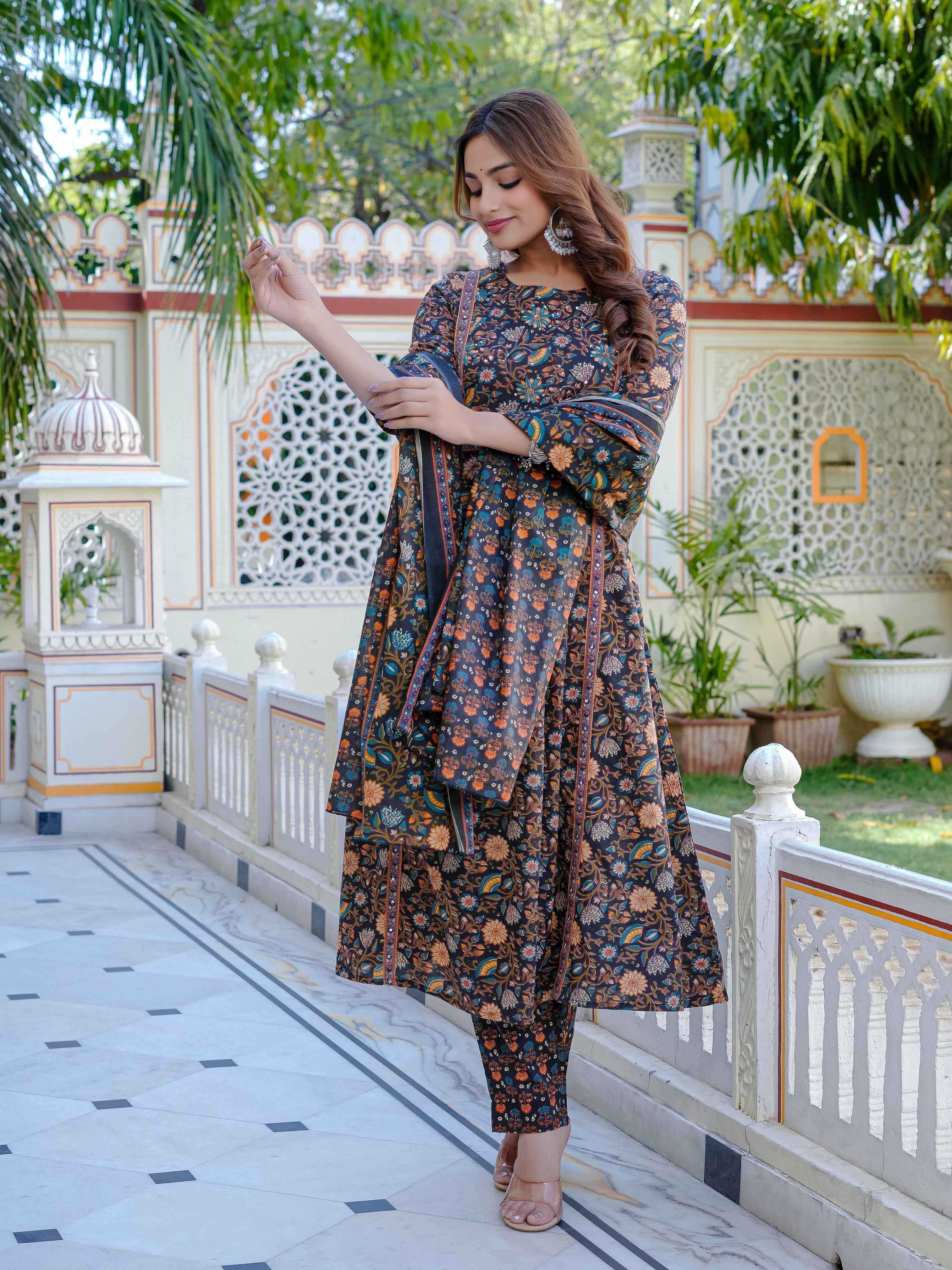 Black Multicolor Floral Cotton Kurti Set – Ethnic Collection