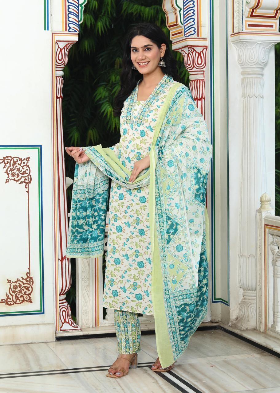 Sky Blue With Green Floral Print Kurti Pant And Dupatta Set