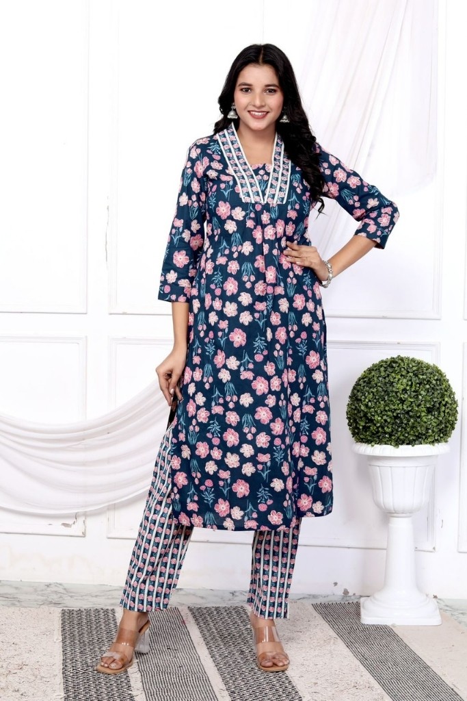 Blue With Pink Floral Print Kurti Pant Dupata Set