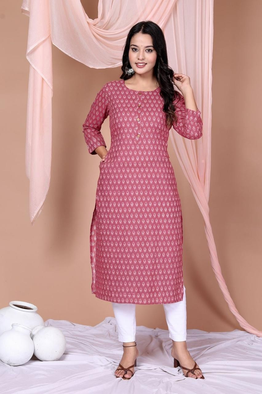 Women Printed Cotton Straight Kurta  (Pink)