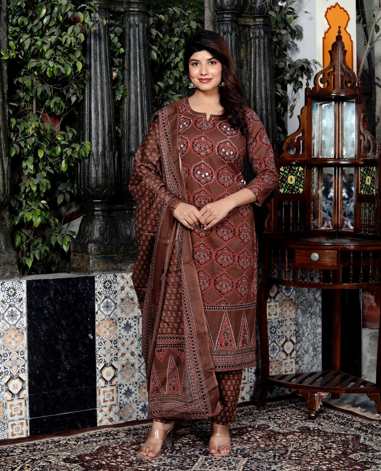 Women Trending Cotton New Ajrakh Printed Brown Kurta Set