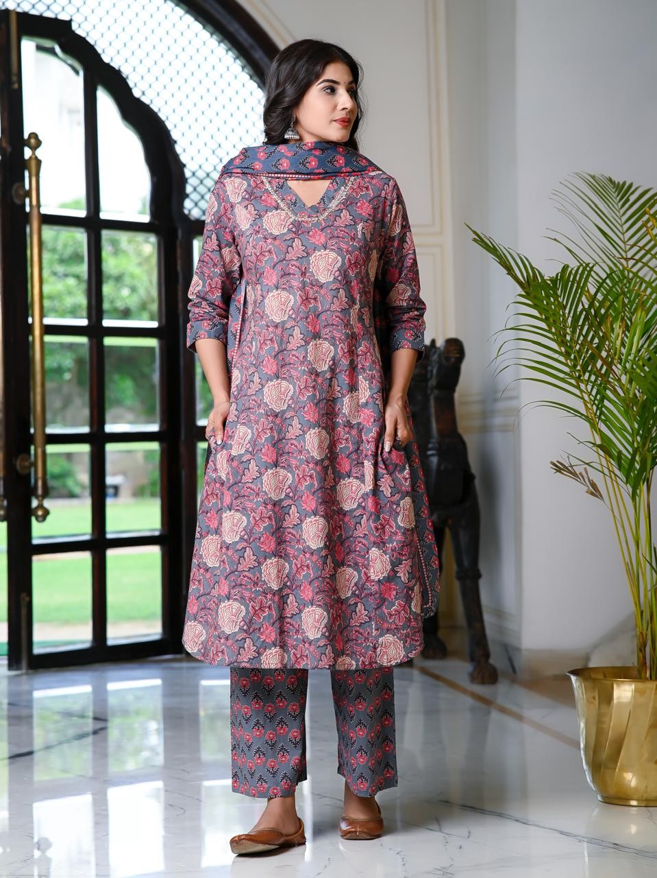 Floral Printed Cotton Kurta Plazo with Duptta