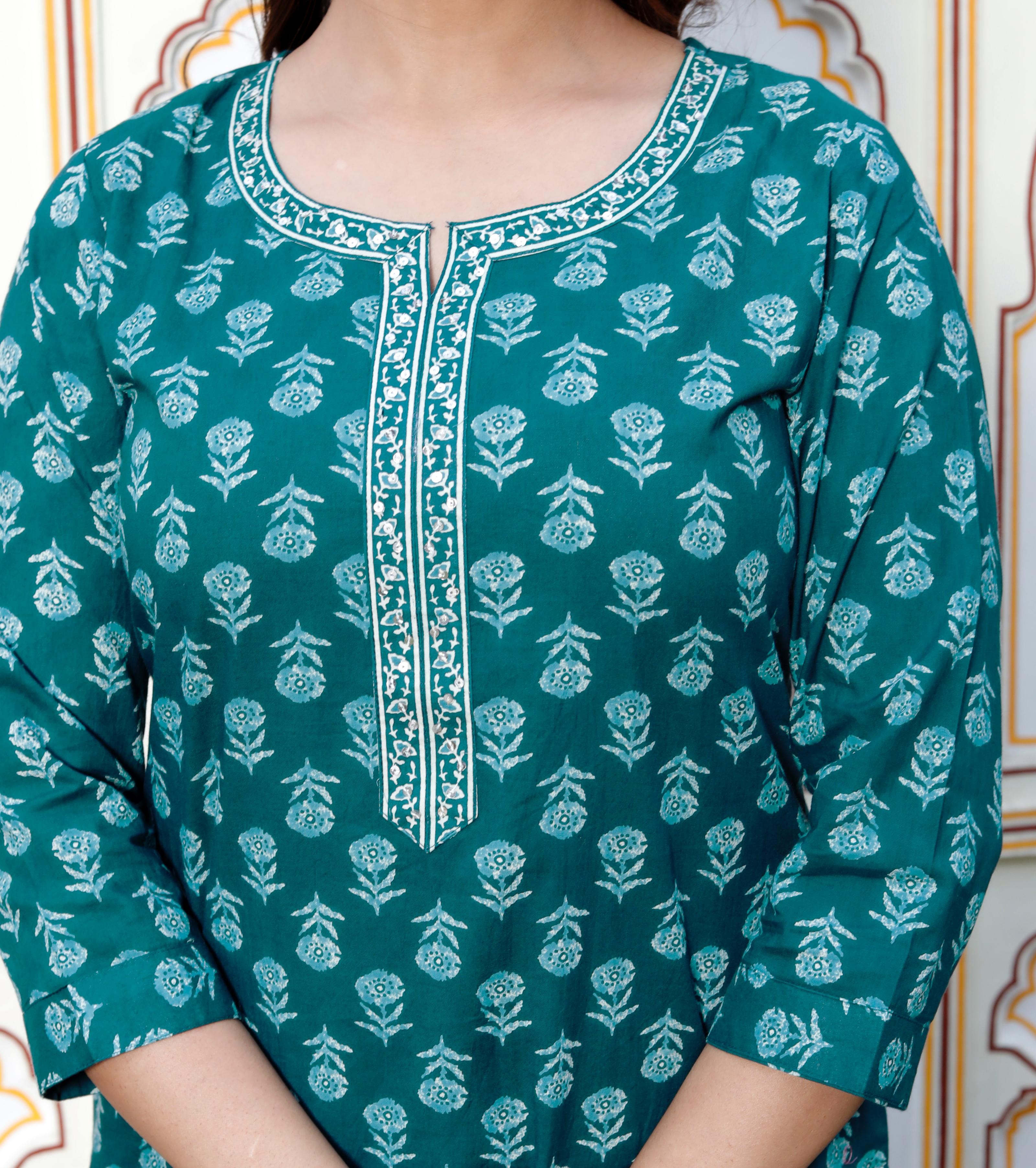 Green Floral Print Cotton Suit – Elegant &  Comfortable