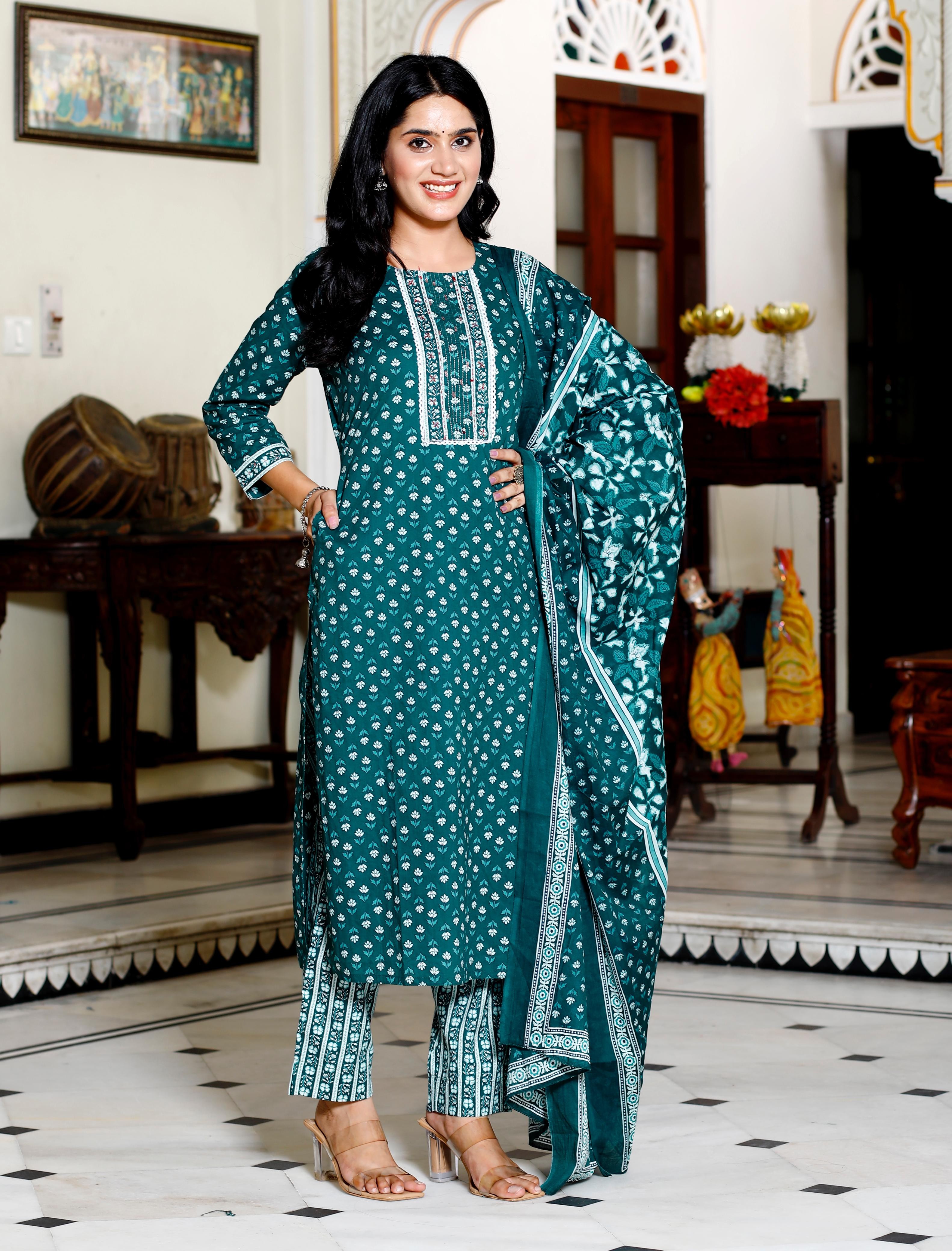 Bottle Green Hand Block Printed Cotton Suit Set