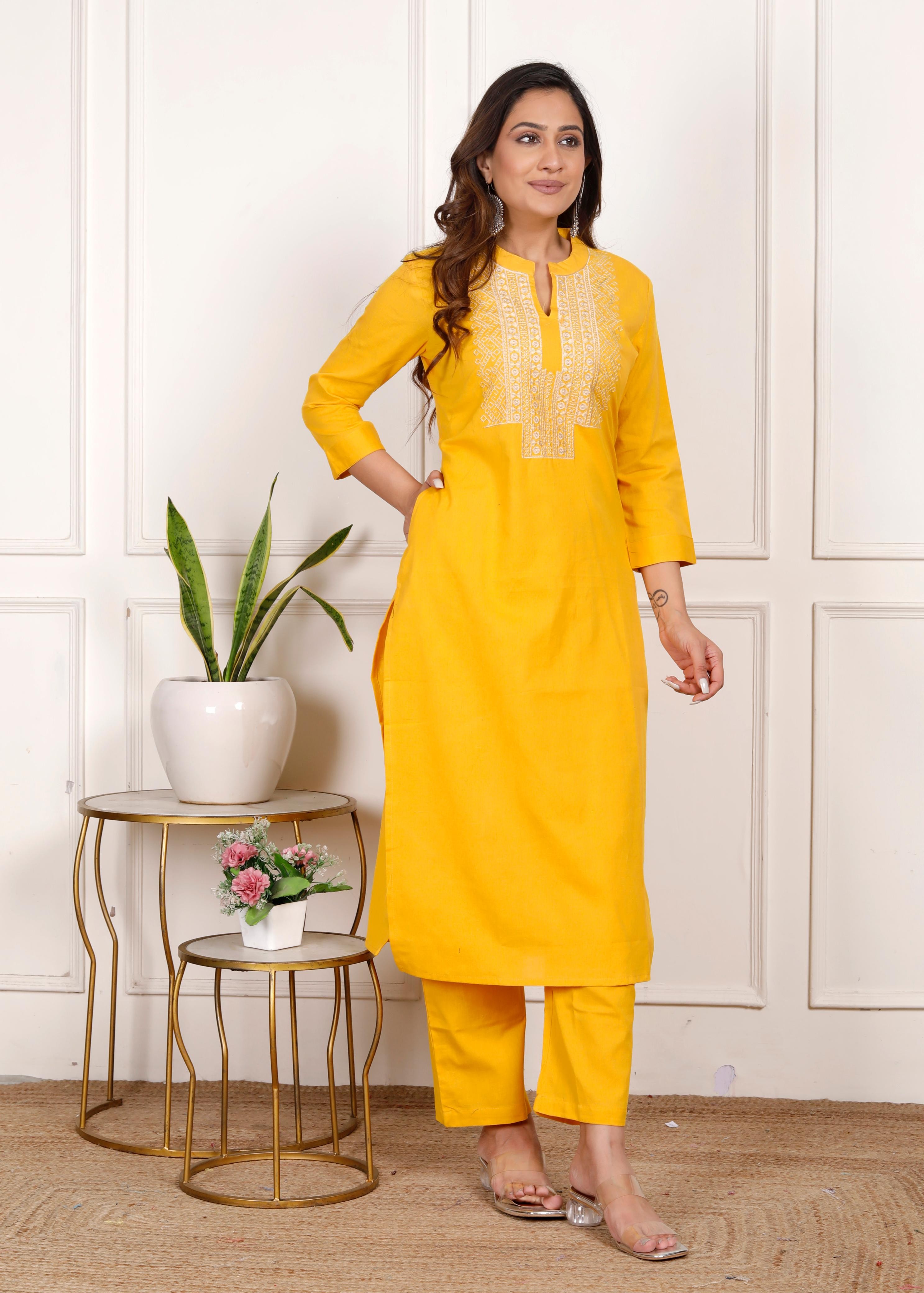 Cotton Flex Embroidered Kurta Pant Set – Yellow