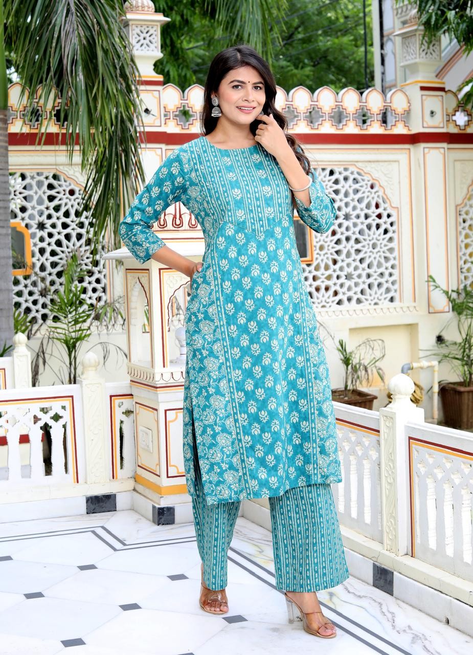 Elegant Printed SkyBlue Kurti Palazo and Dupatta set