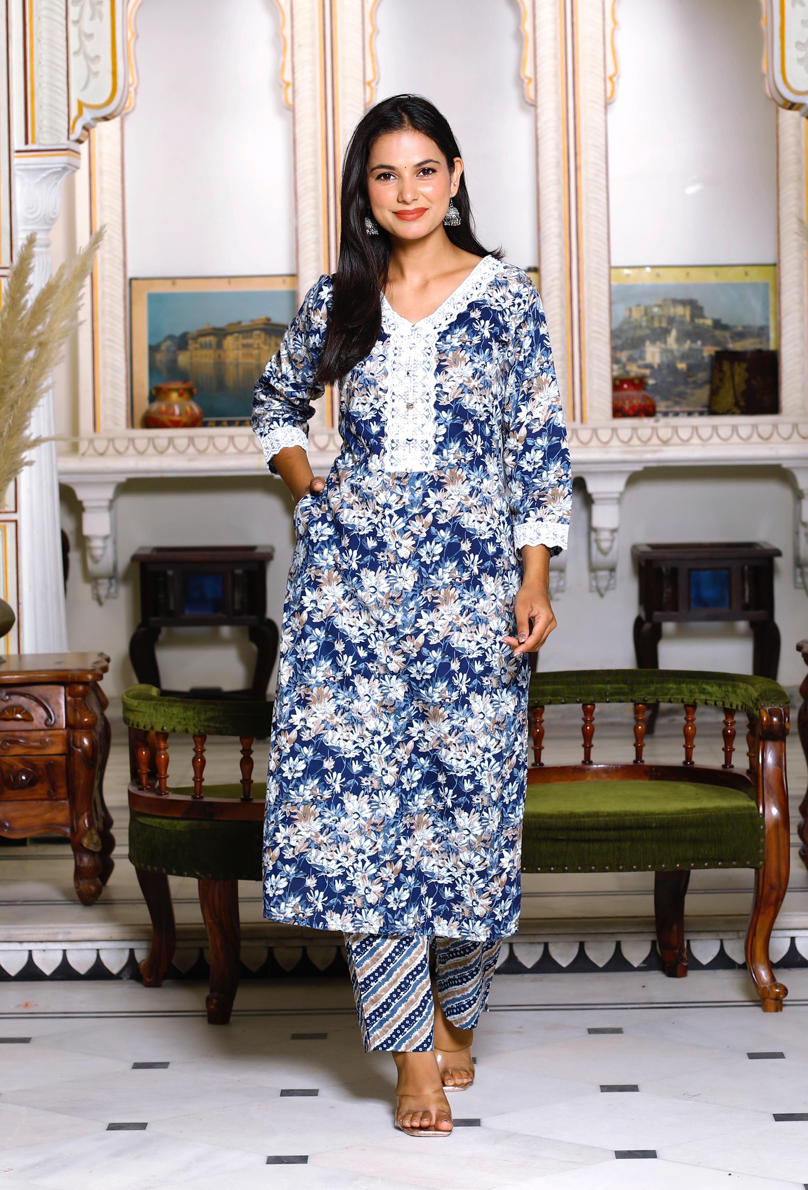 Navy Blue Floral Cotton Kurta Set