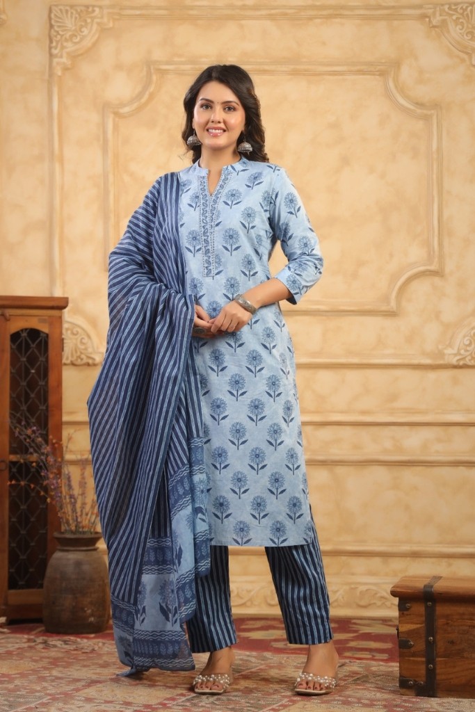 Light Blue Printed Kurta Pant And Dupatta