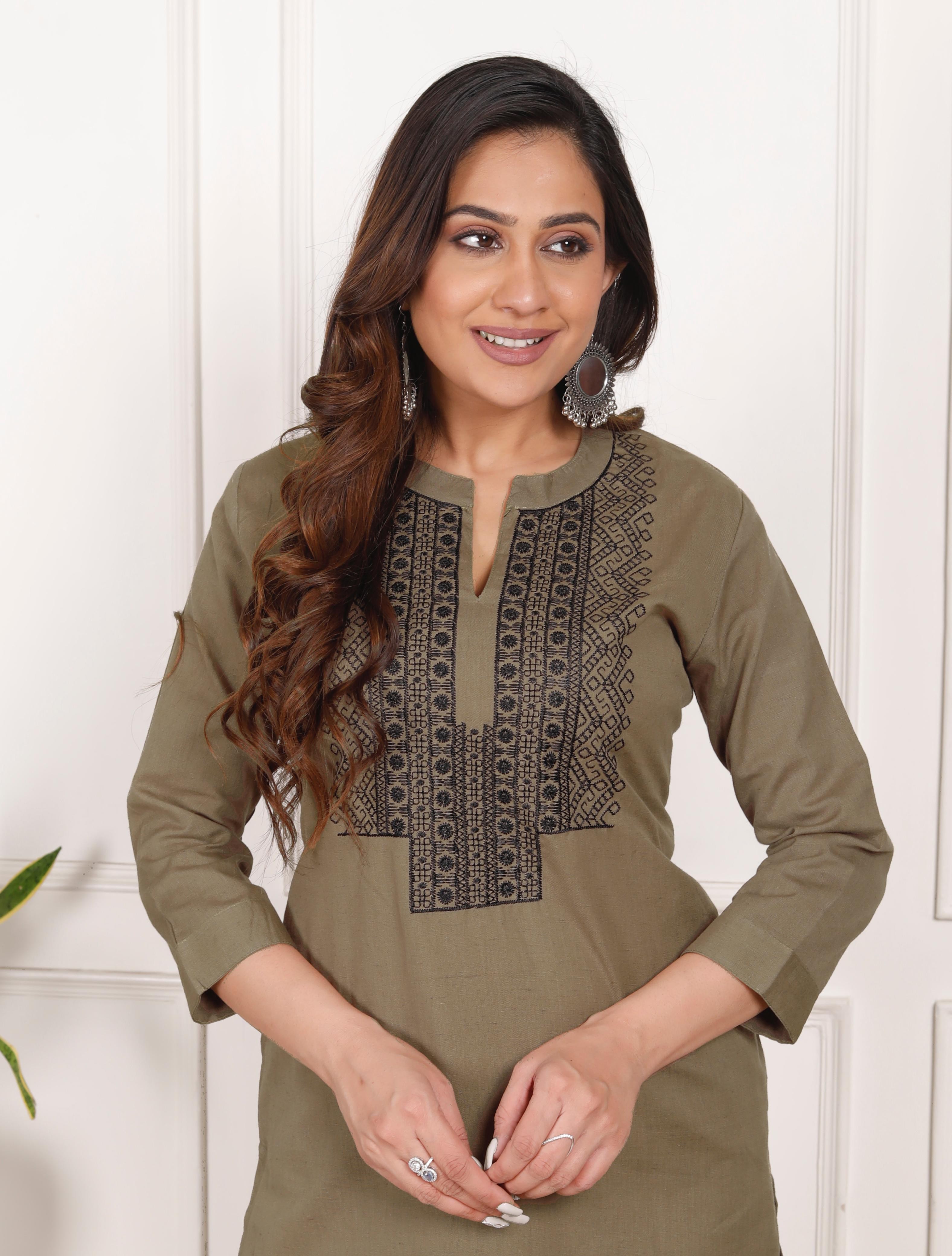 Cotton Flex Embroidered Kurta Pant Set - Brown