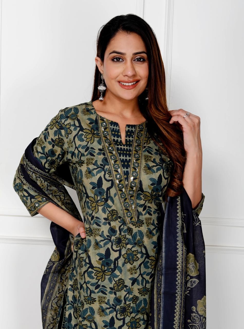 Dark Green With Floral Print Kurti Pant And Dupatta Set