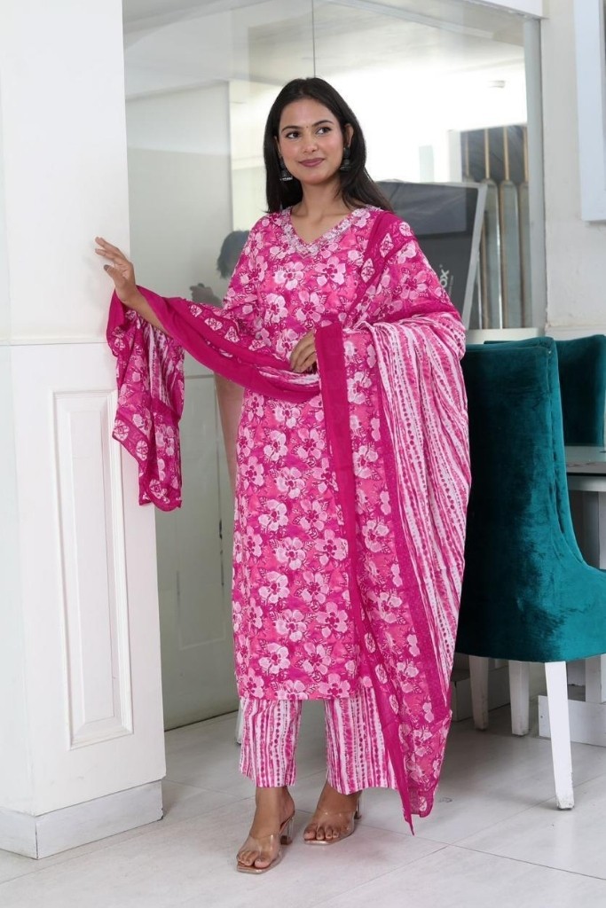 Latest Pink White Kurta Palazzo Dupatta Set