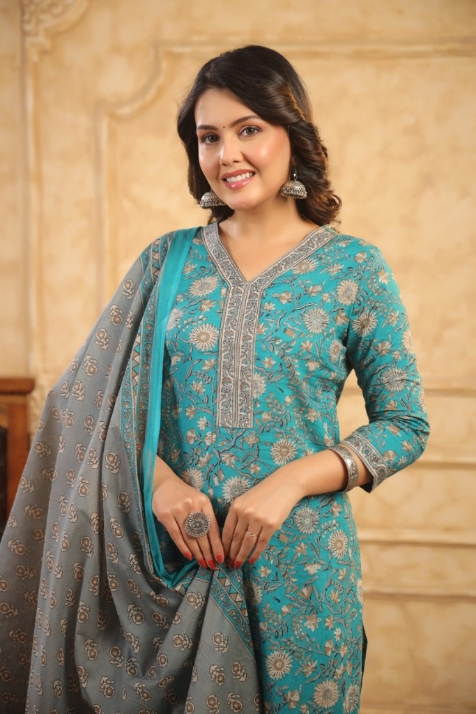 Sky Blue With Gray Kurta Pant And Dupatta