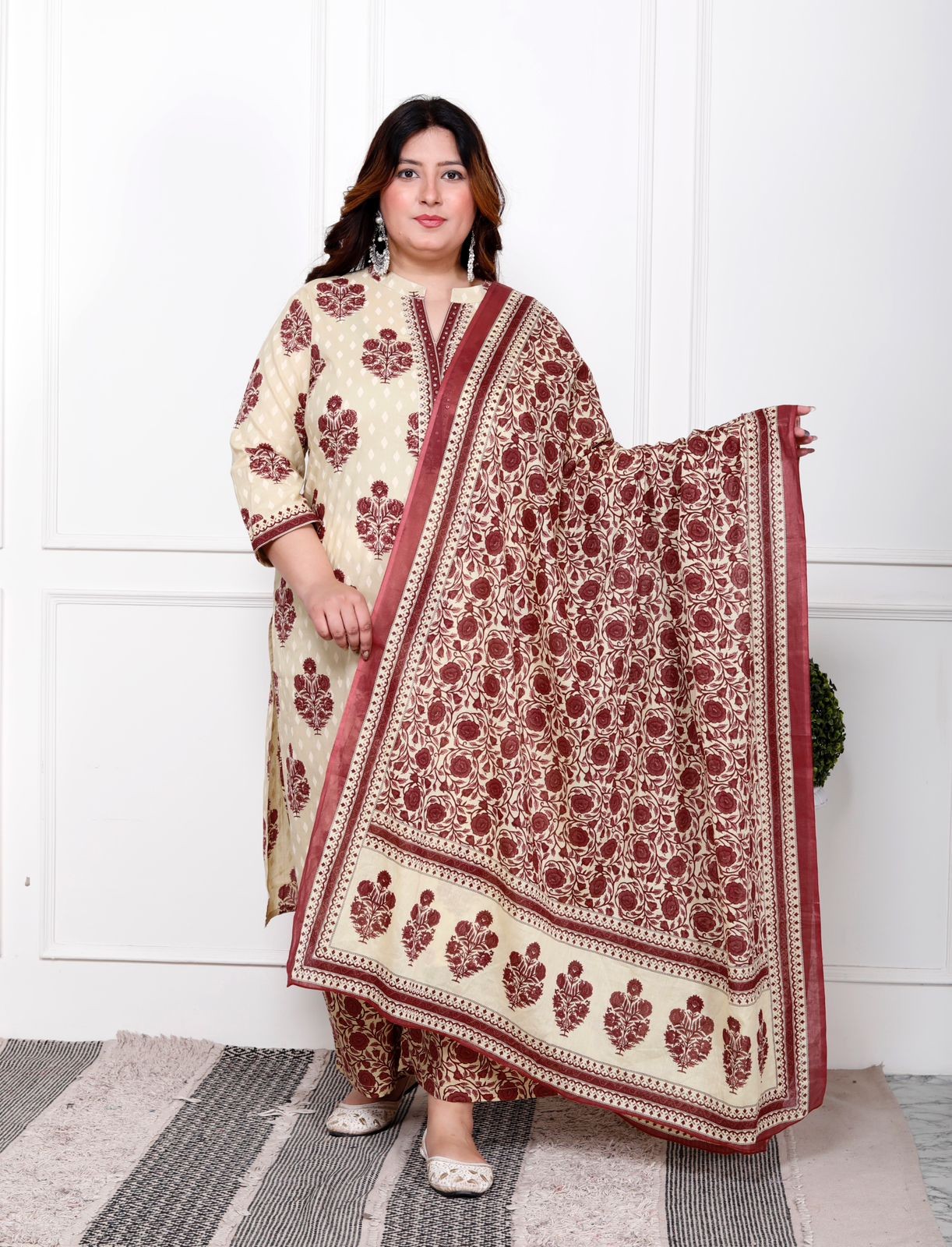 Cream With Maroon Floral Print Kurti pant And Dupatta Set