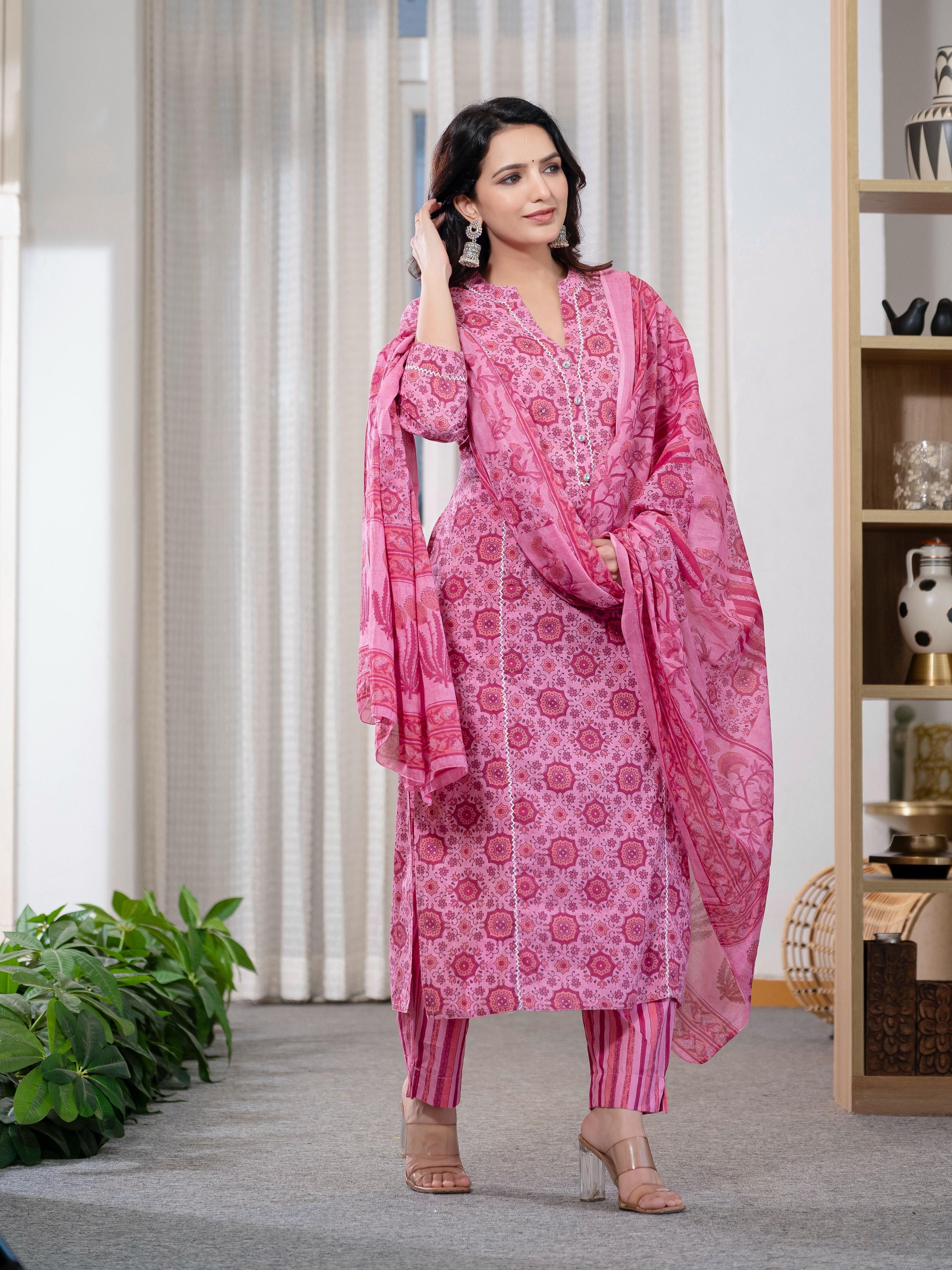 Cotton Summer Pink Kurti Pant And Dupatta Set
