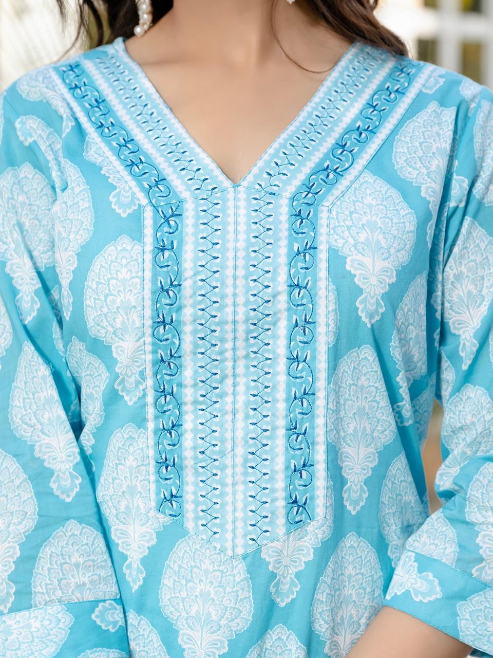 Sky Blue Gamthi Print Kurti Pant And Dupatta Set