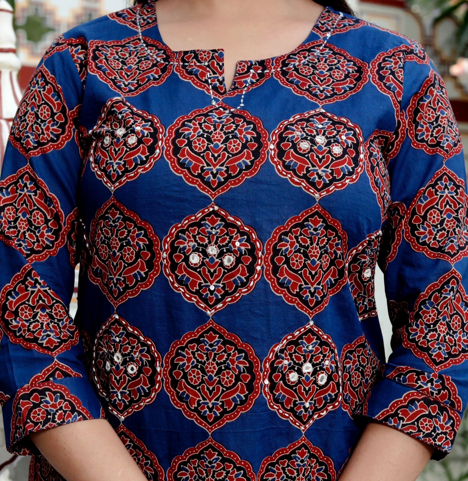 Women Trending Cotton New Ajrakh Printed Blue  Kurta Set