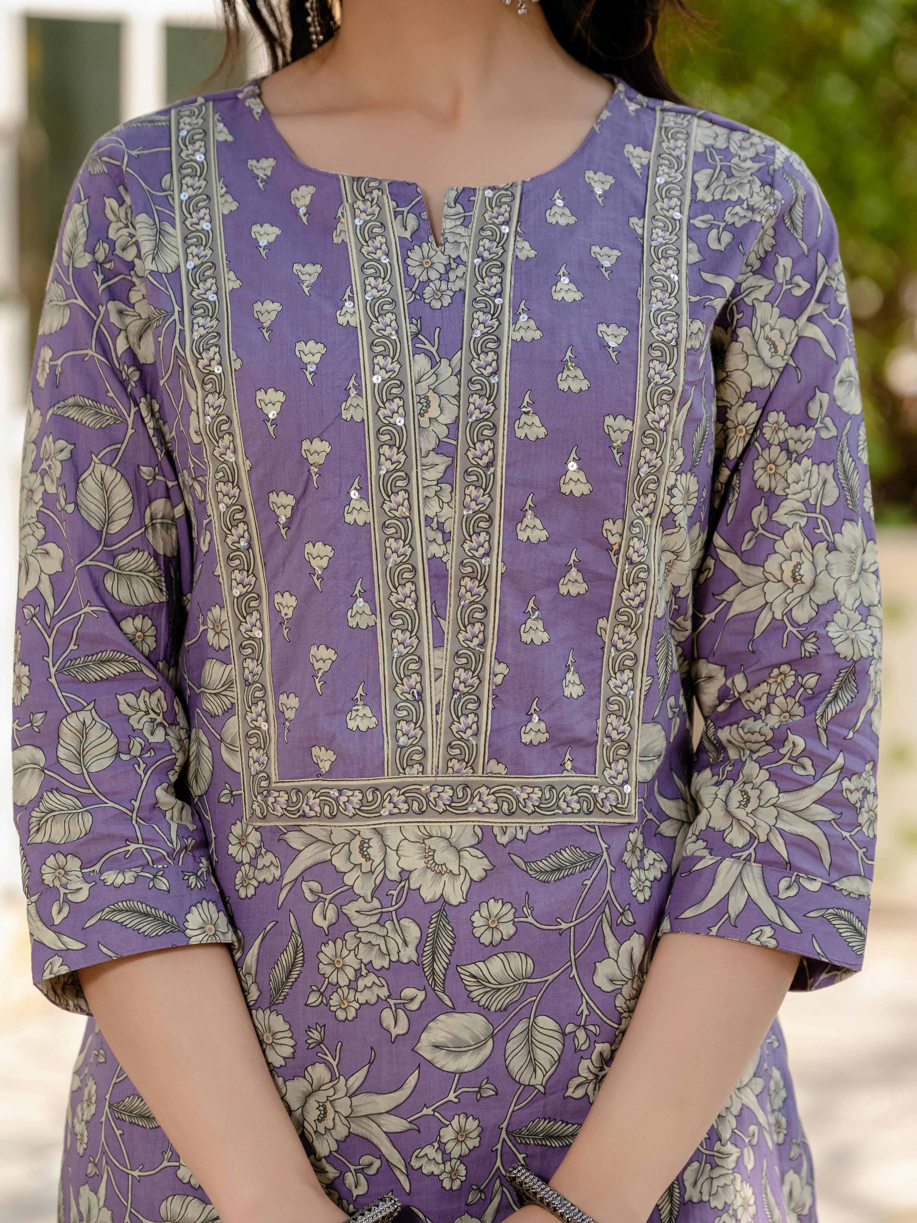 Beautiful Lavender With Floral Print Kurti Pant And Dupatta set