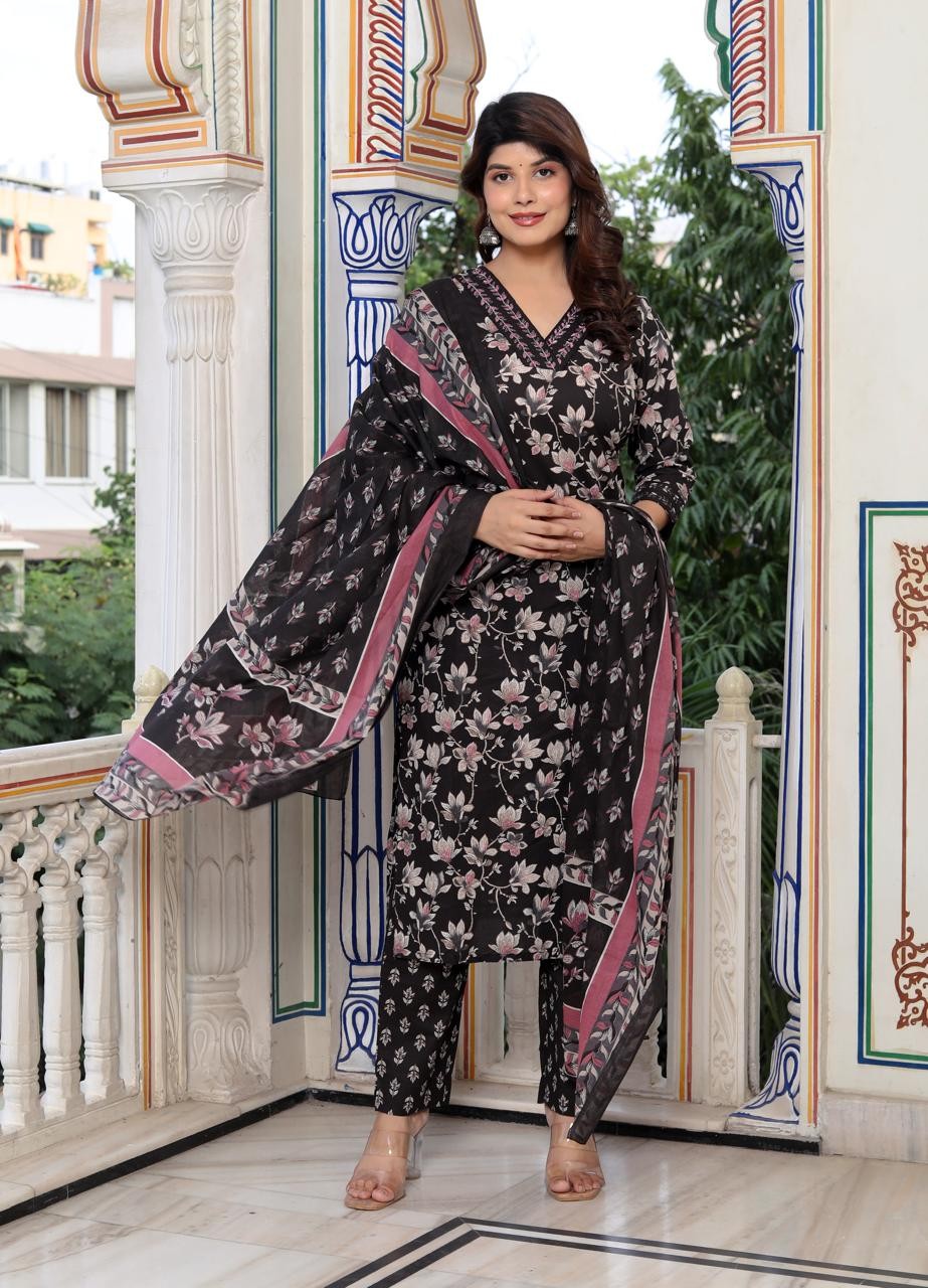 Premium Designer Black Printed Kurta Pant with Dupatta set