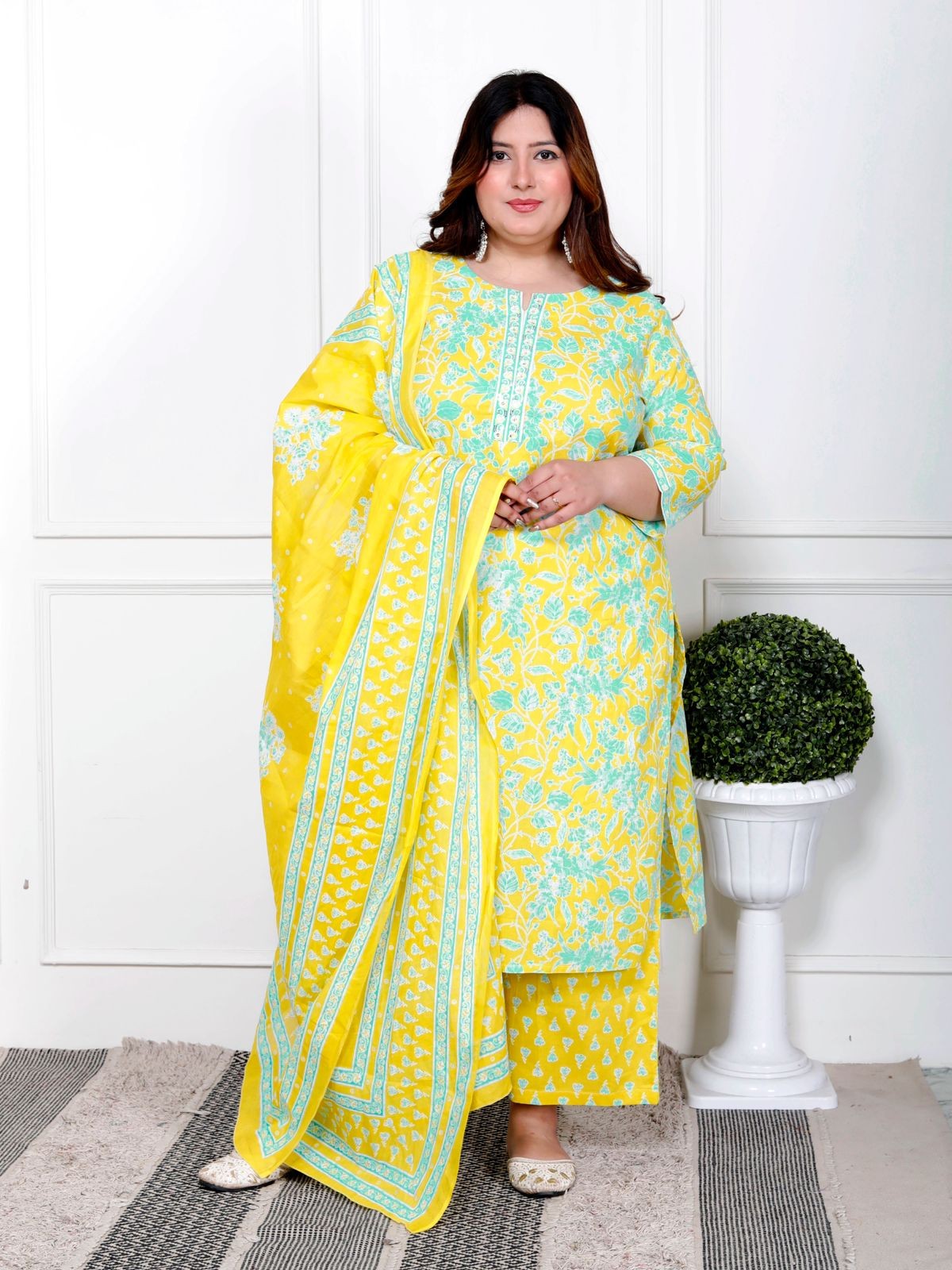 Yellow With Green Floral Print Kurti Pant Dupatta Set