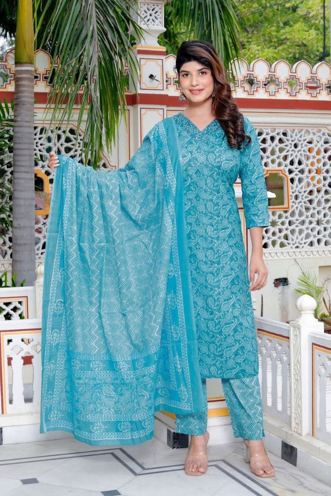 Sky Blue Pant Kurta Set With Duppata