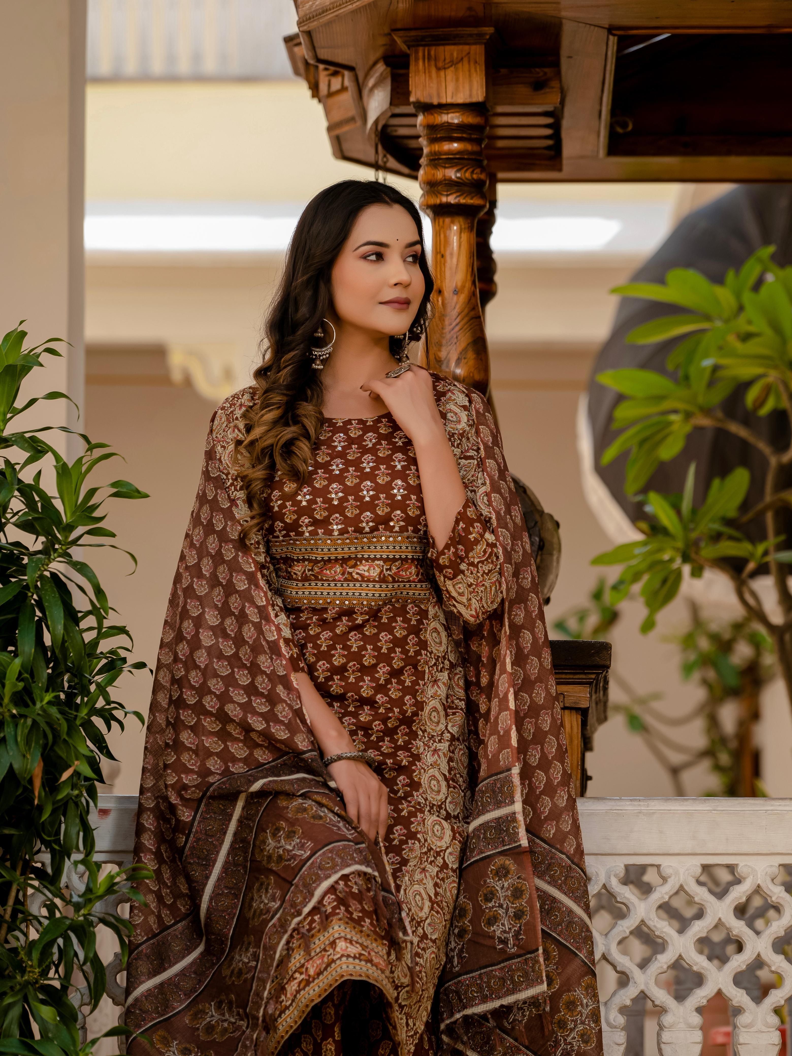 Brown Printed Cotton Kurti Set