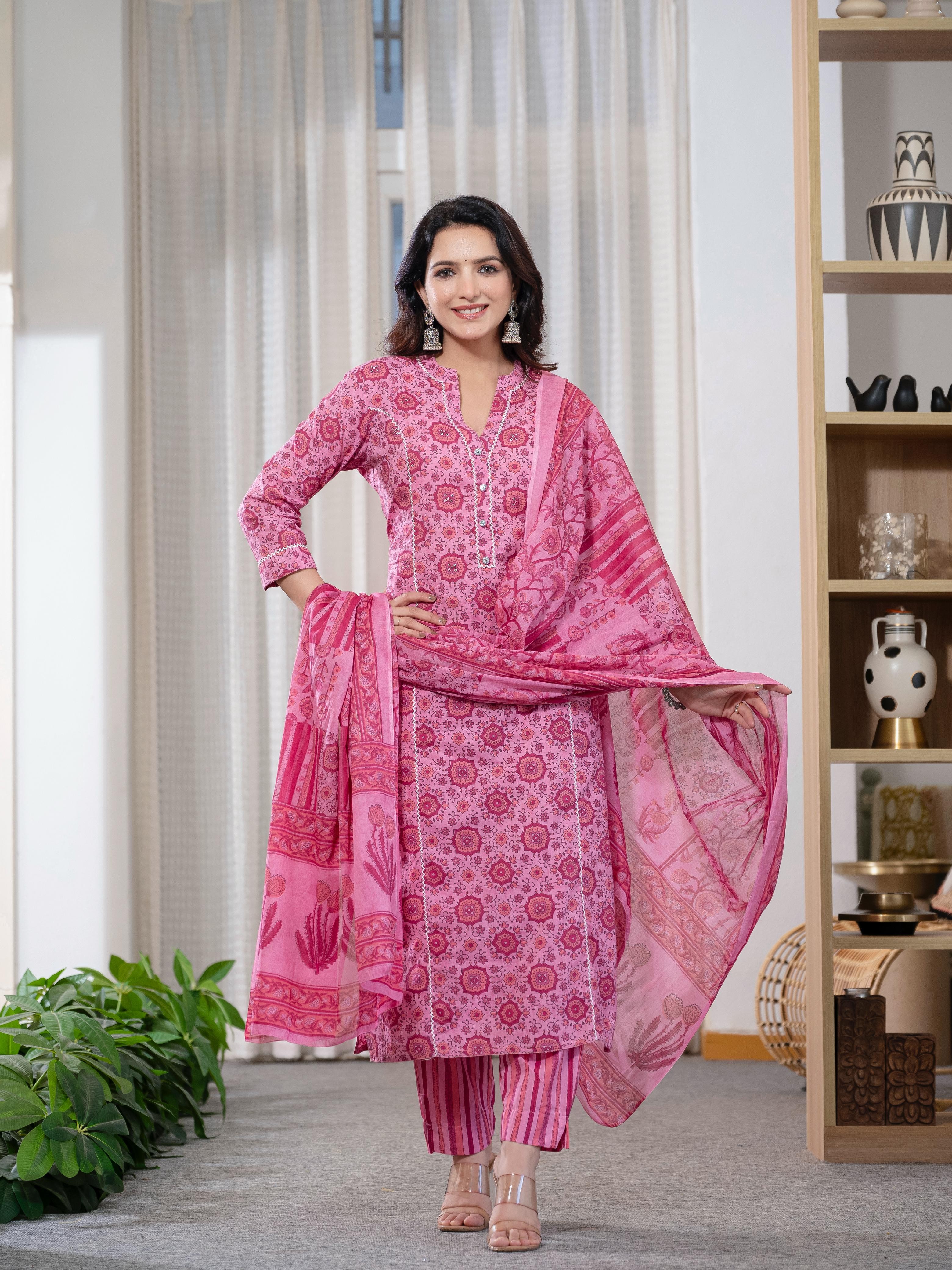 Cotton Summer Pink Kurti Pant And Dupatta Set