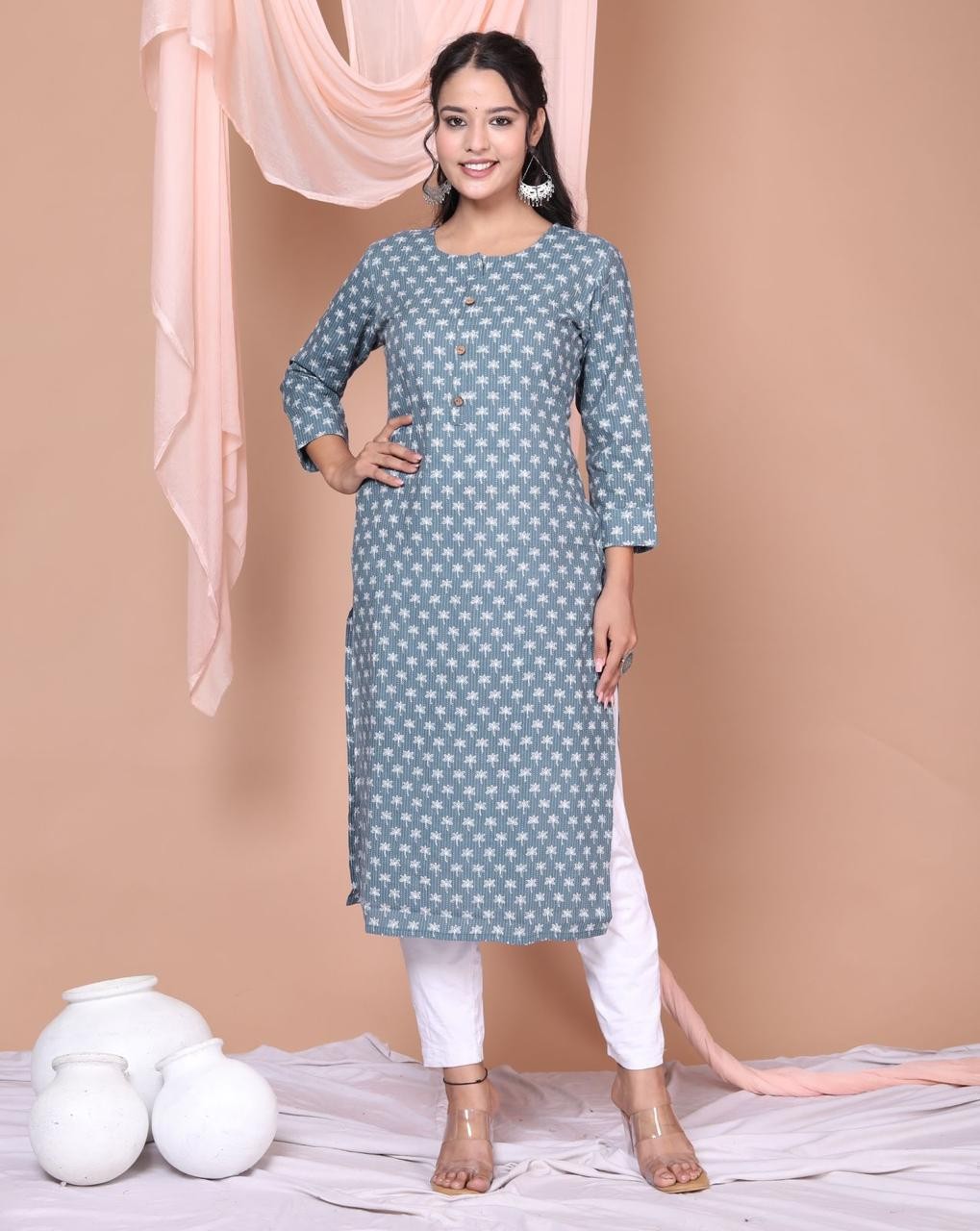 Woman Printed Cotton Straight Kurta Sky Blue