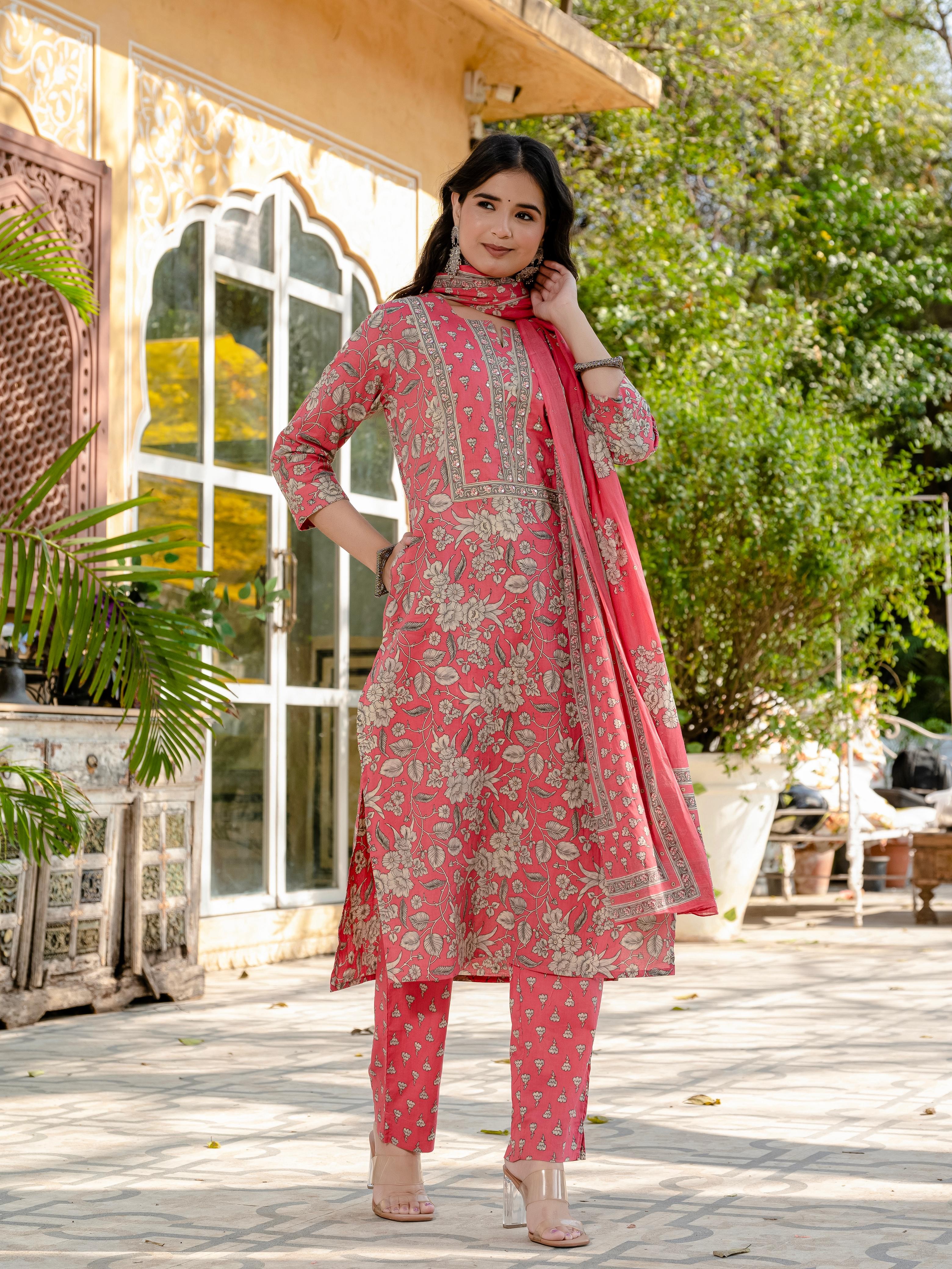 New beautiful Peach With Floral Print Kurti Pant And Dupatta set