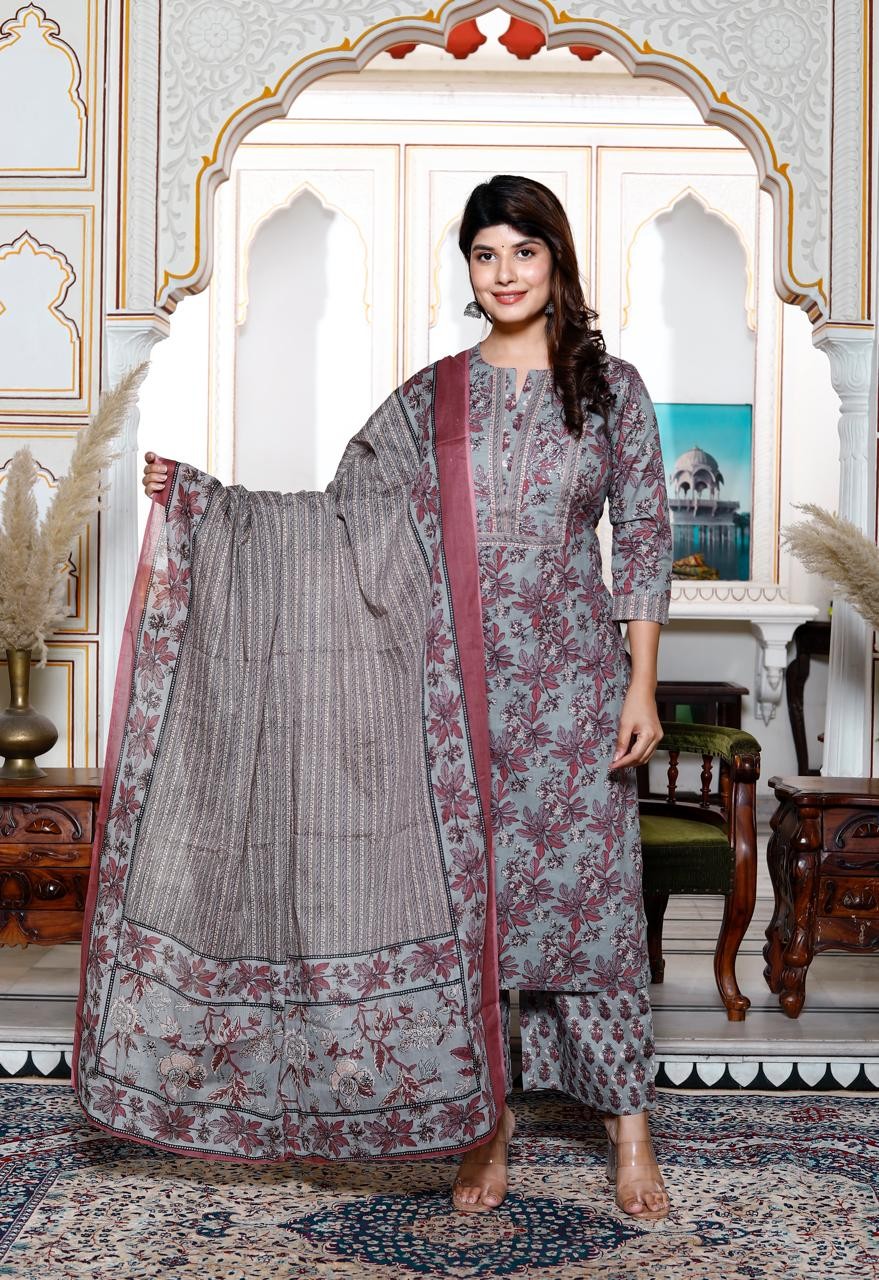 Gray With Floral Print Palzo  Set