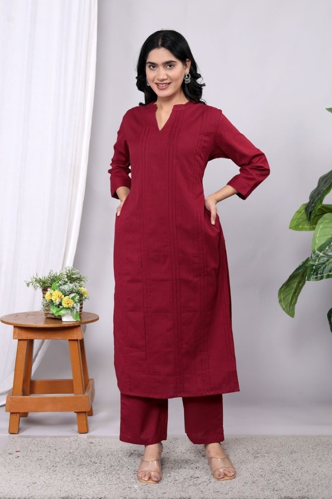 Maroon Kurta Pant Set (Flax Cotton Linen)