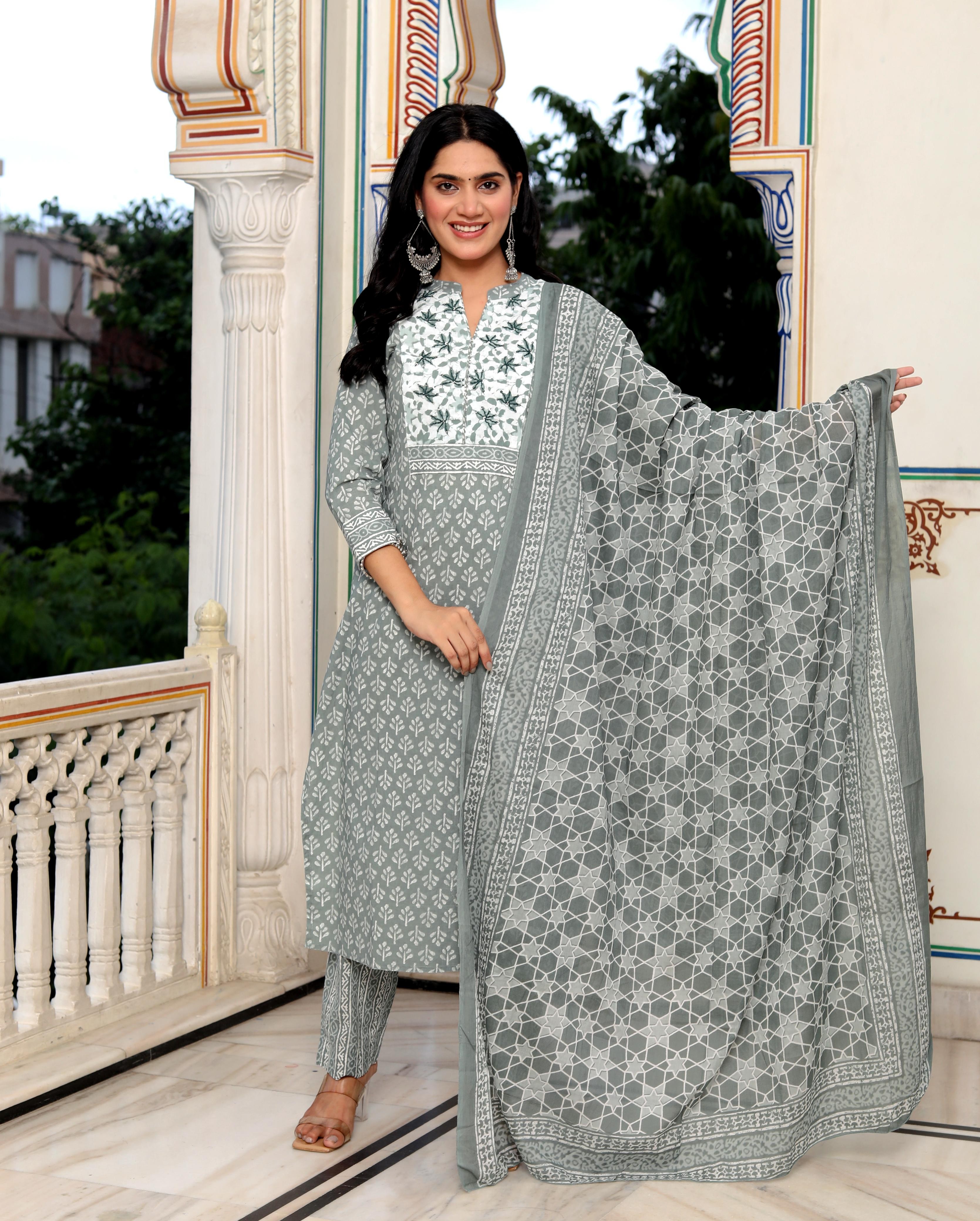 Dark Green Geometric Block Print kurti Pant And Dupatta Set