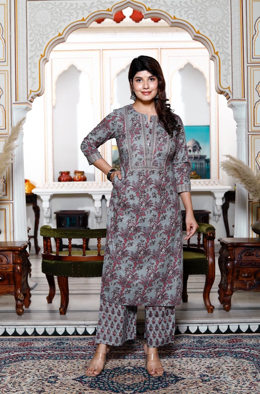 Gray With Floral Print Palzo  Set