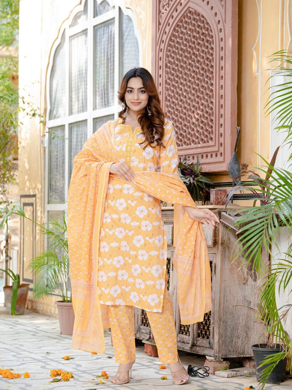 New Yellow Floral Cotton Suit Set