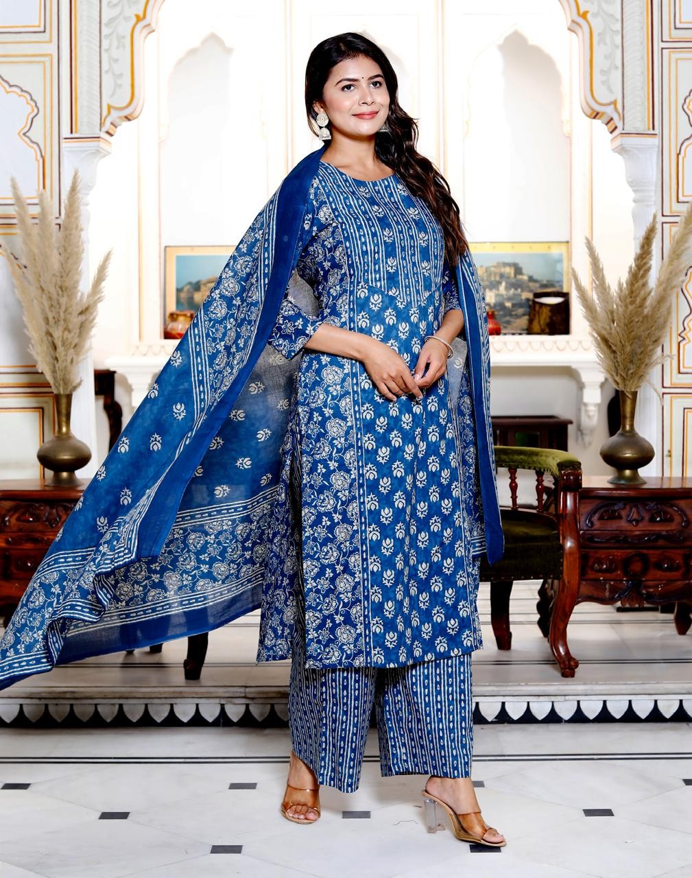 Elegant Printed Navy Blue Kurti Palazo and Dupatta set