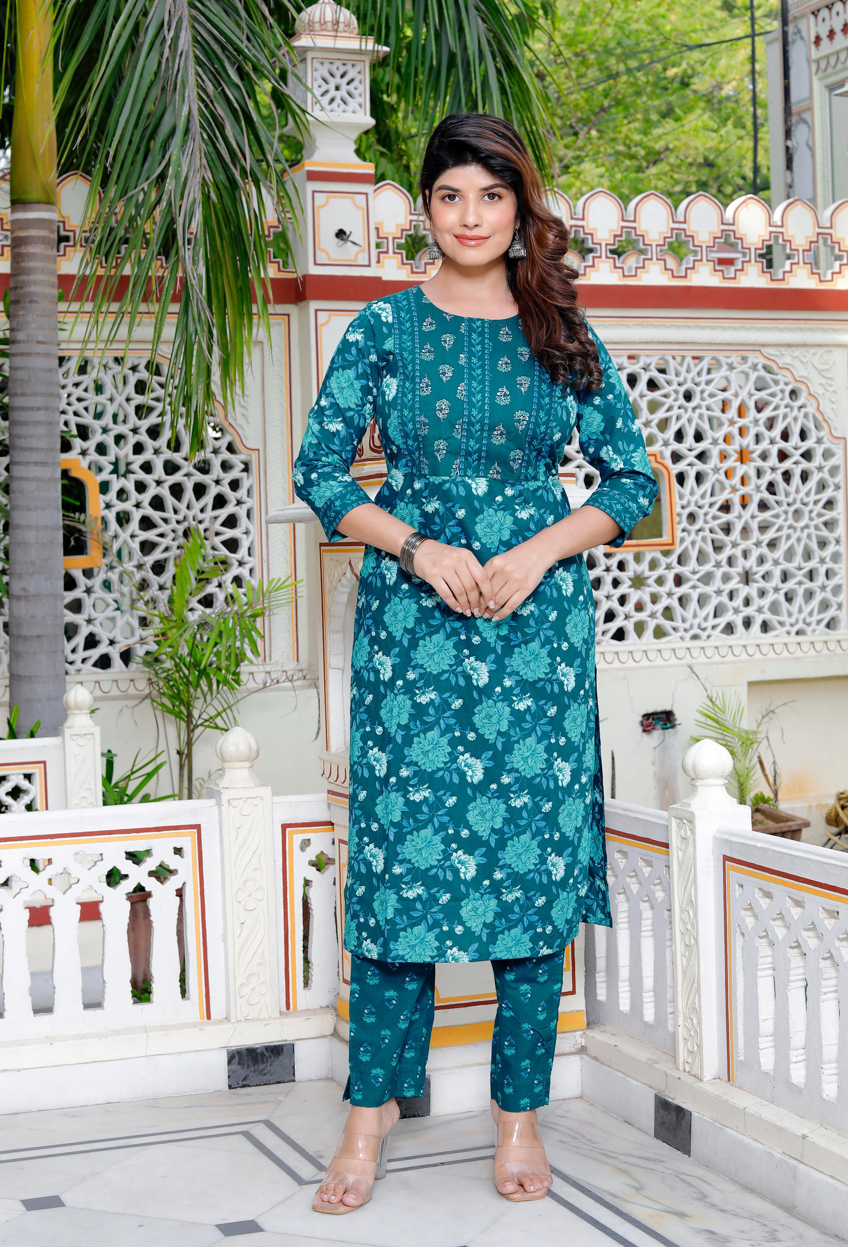Teal Green Floral Printed Cotton Suit Set – HK Vastra