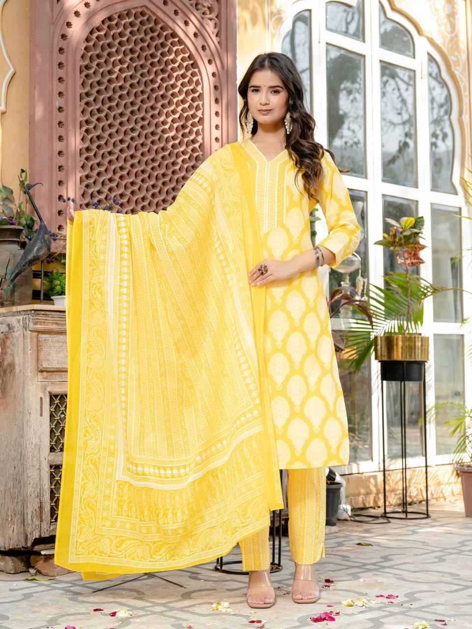 Woman Yellow Kurti Pant And Dupatta Set
