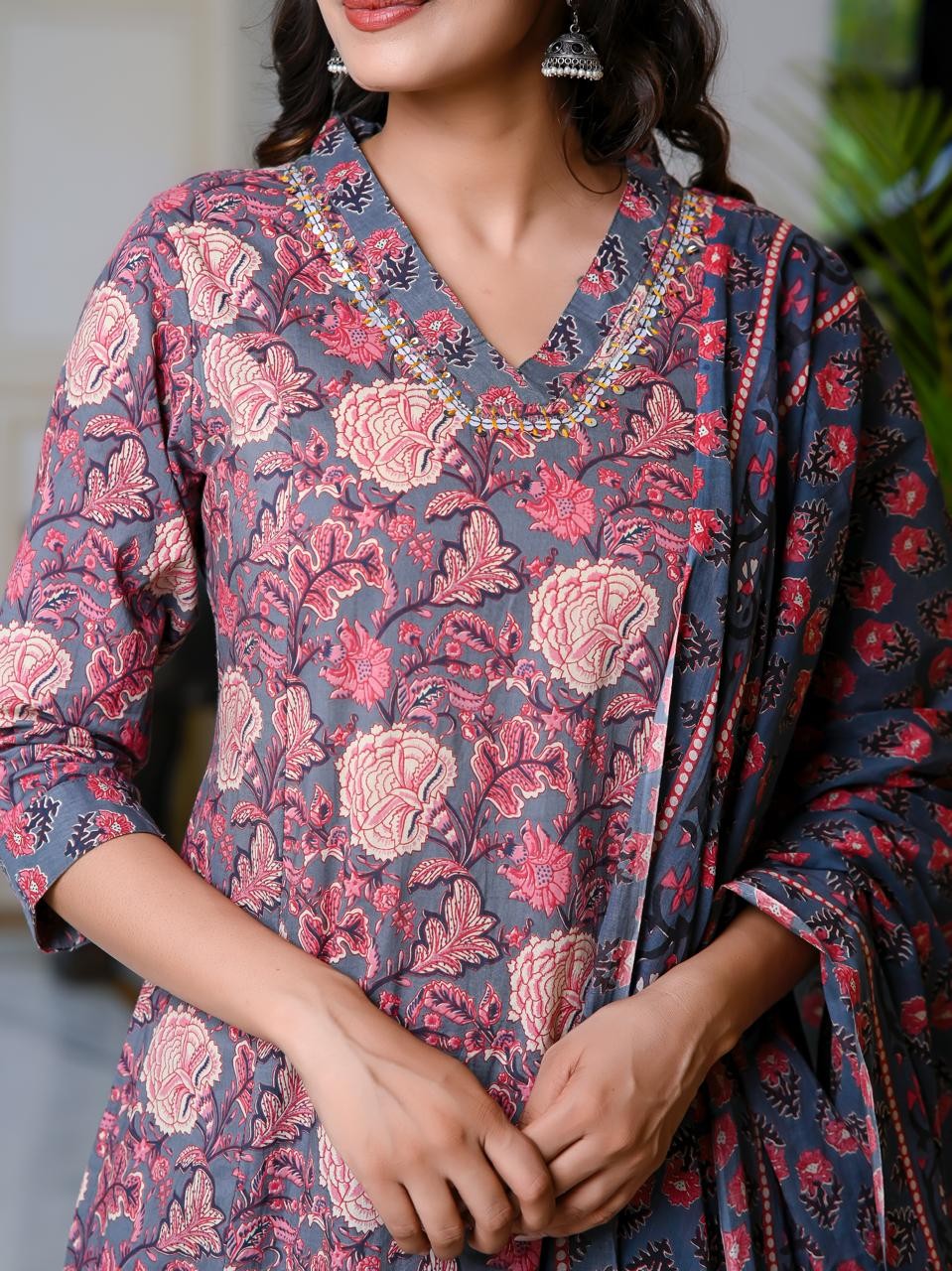 Floral Printed Cotton Kurta Plazo with Duptta