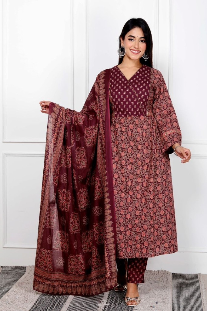 Maroon And Light Brown Angrahka Suit