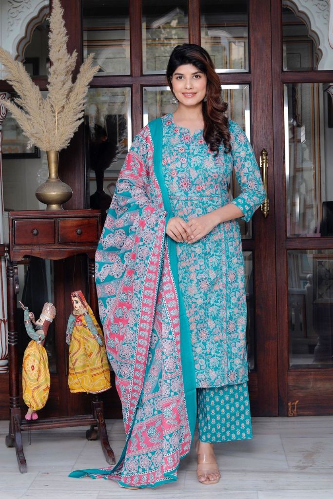Sky Blue With Pink Plazo Dupatta Kurta Set
