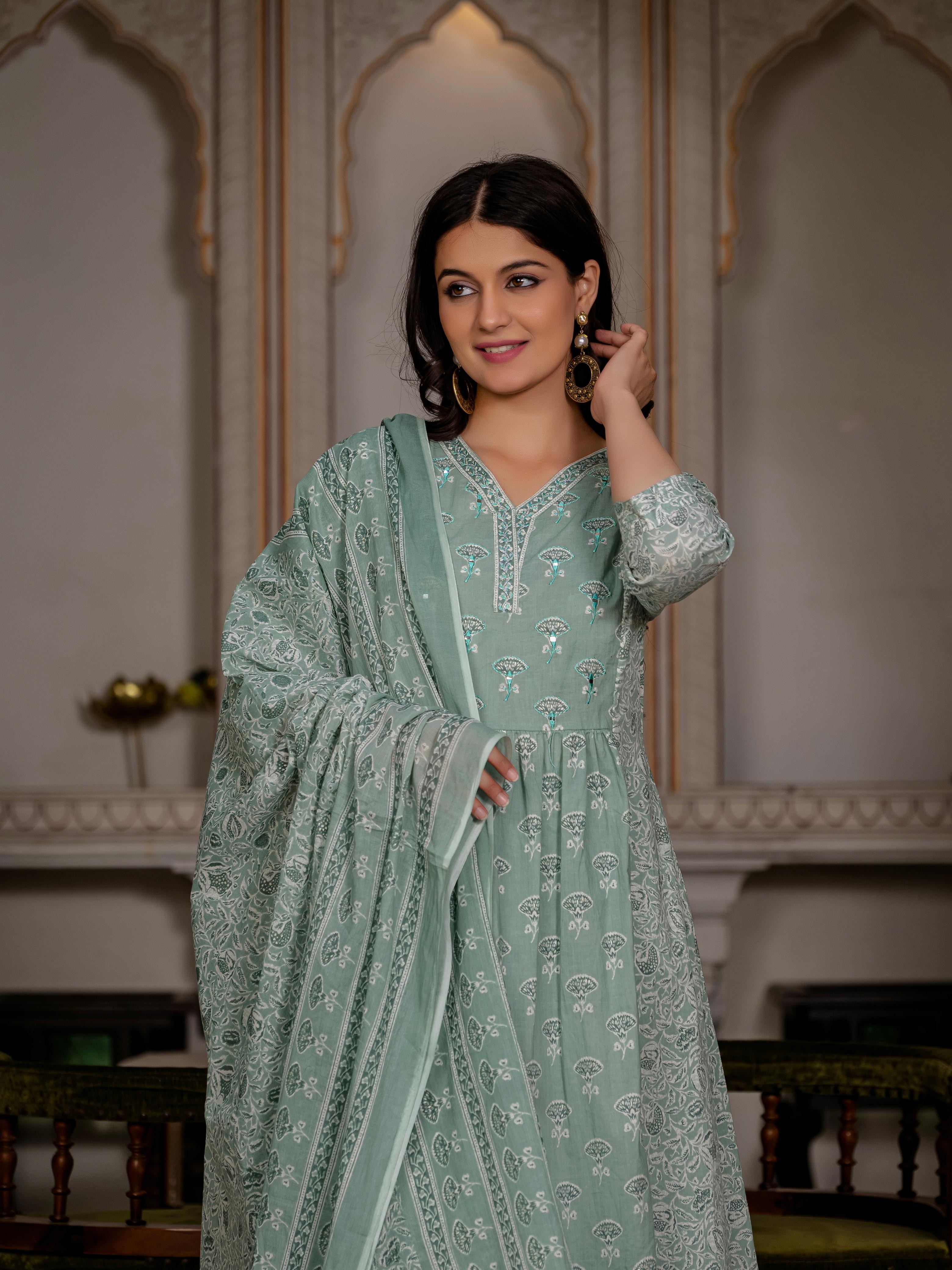 Mint Green Floral Cotton Kurti Set – Graceful Hk Vastra