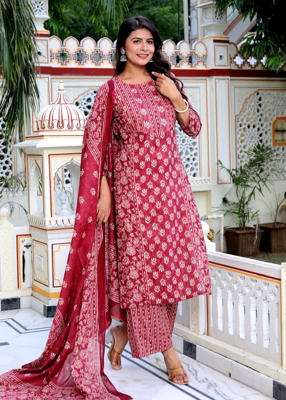 Elegant Printed Red  Kurti Palazo and Dupatta set