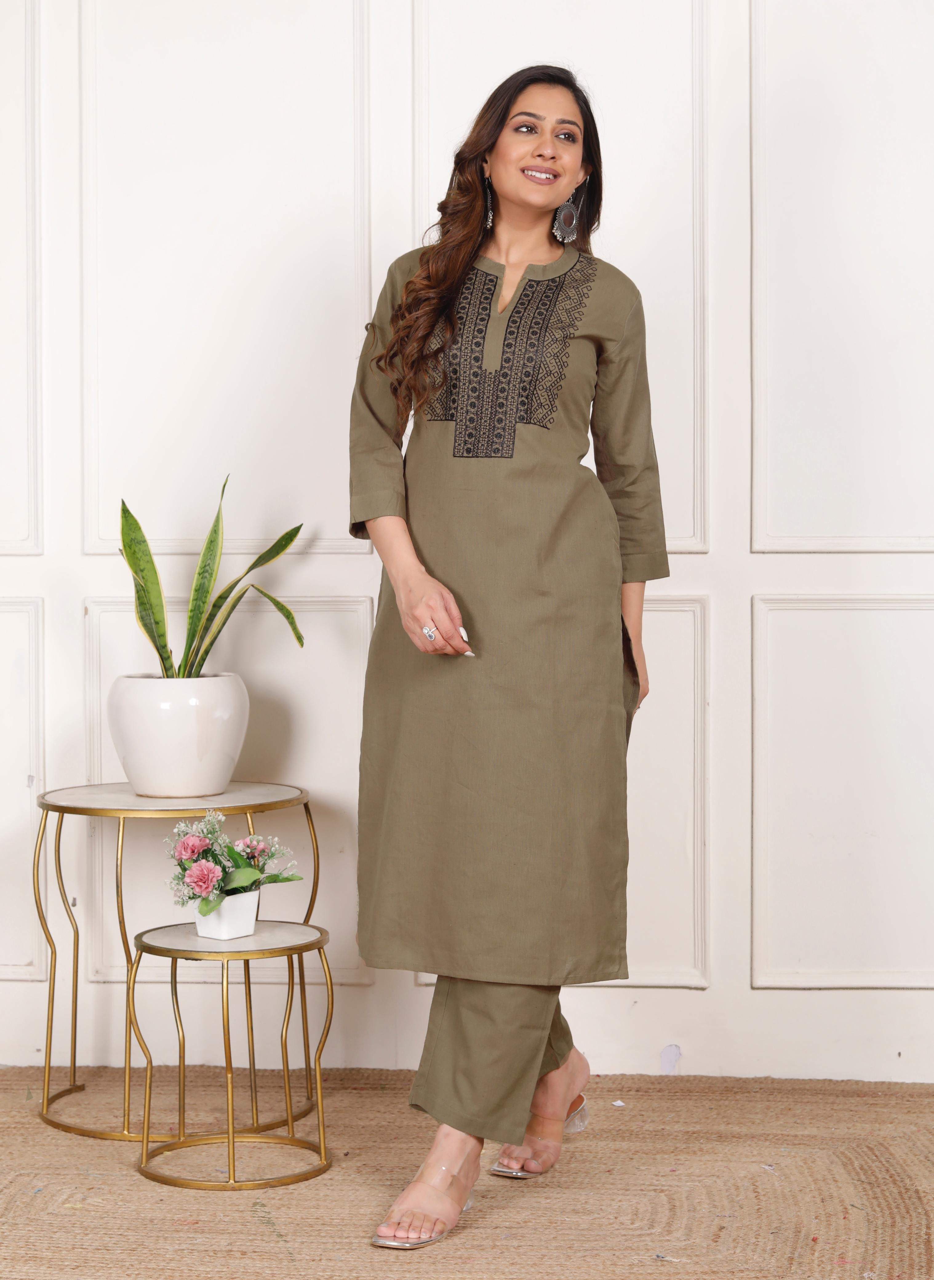 Cotton Flex Embroidered Kurta Pant Set - Brown