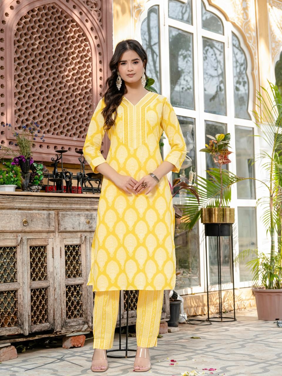 Woman Yellow Kurti Pant And Dupatta Set