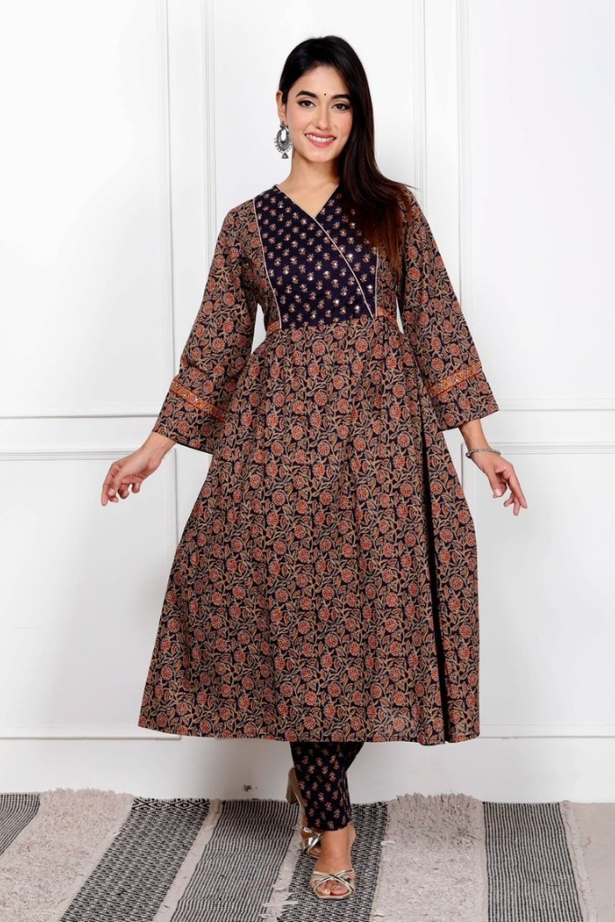 Navy Blue And Light Brown Angrakha Suit