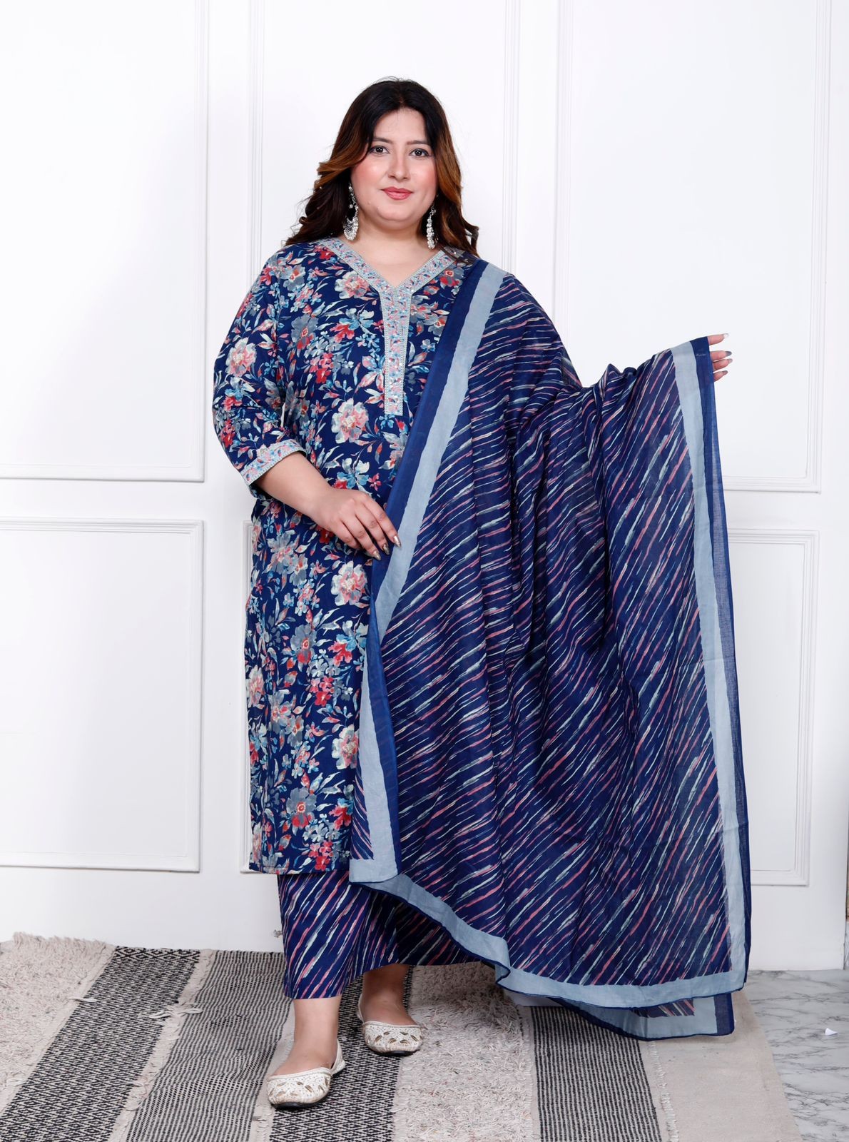 Floral Print Navy Blue Cotton Kurta Set with Dupatta – Plus Size
