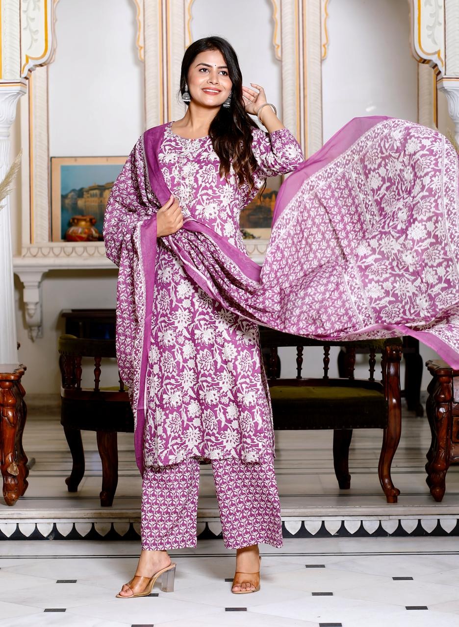 White floral print with purple kurti Palzo And Dupatta set