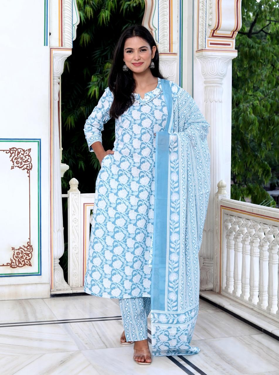 Sky Blue and White Floral Print Dupatta Set
