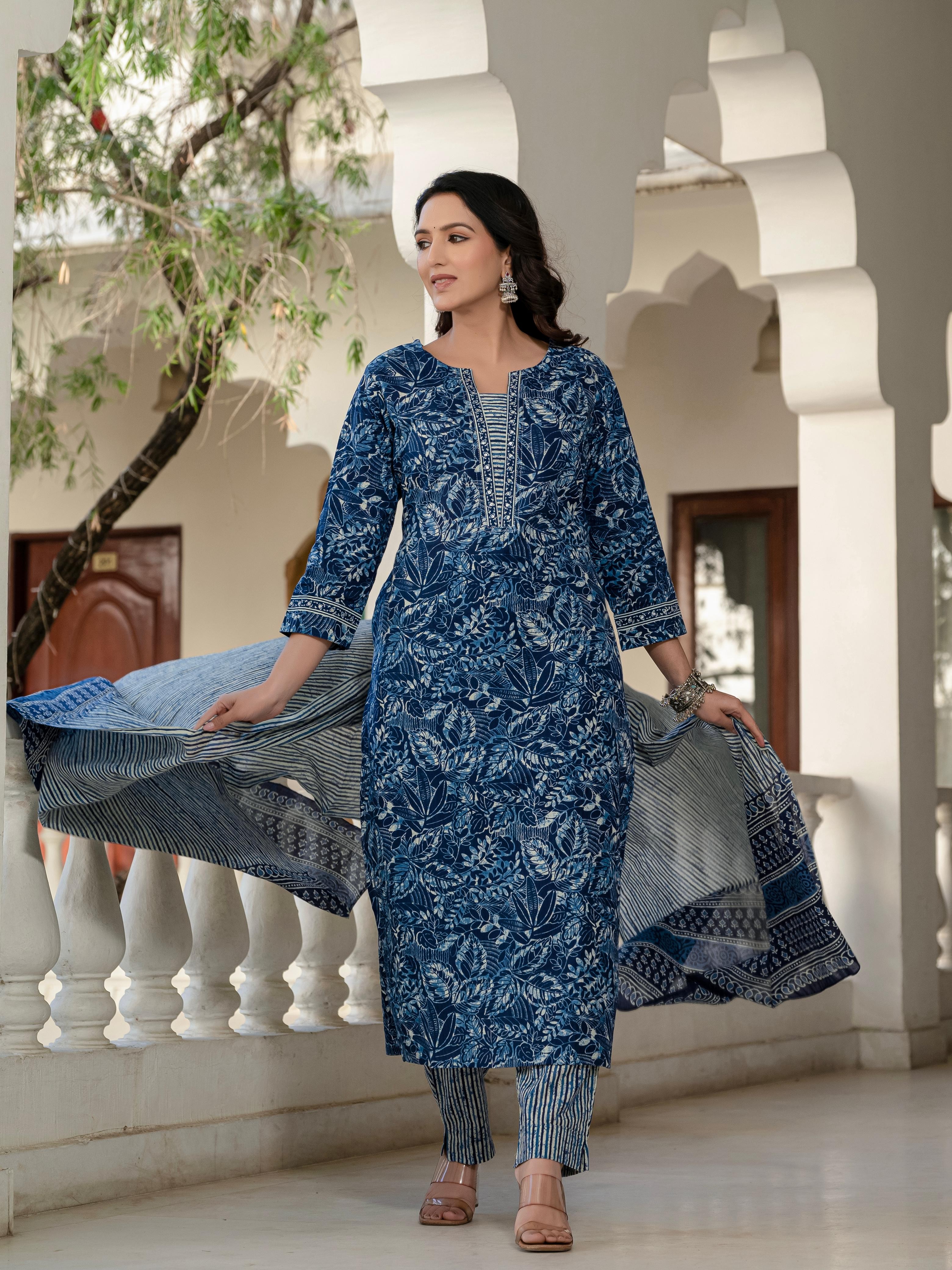 Elegant Indigo  Cotton Kurta Set with Dupatta - Hk Vastra