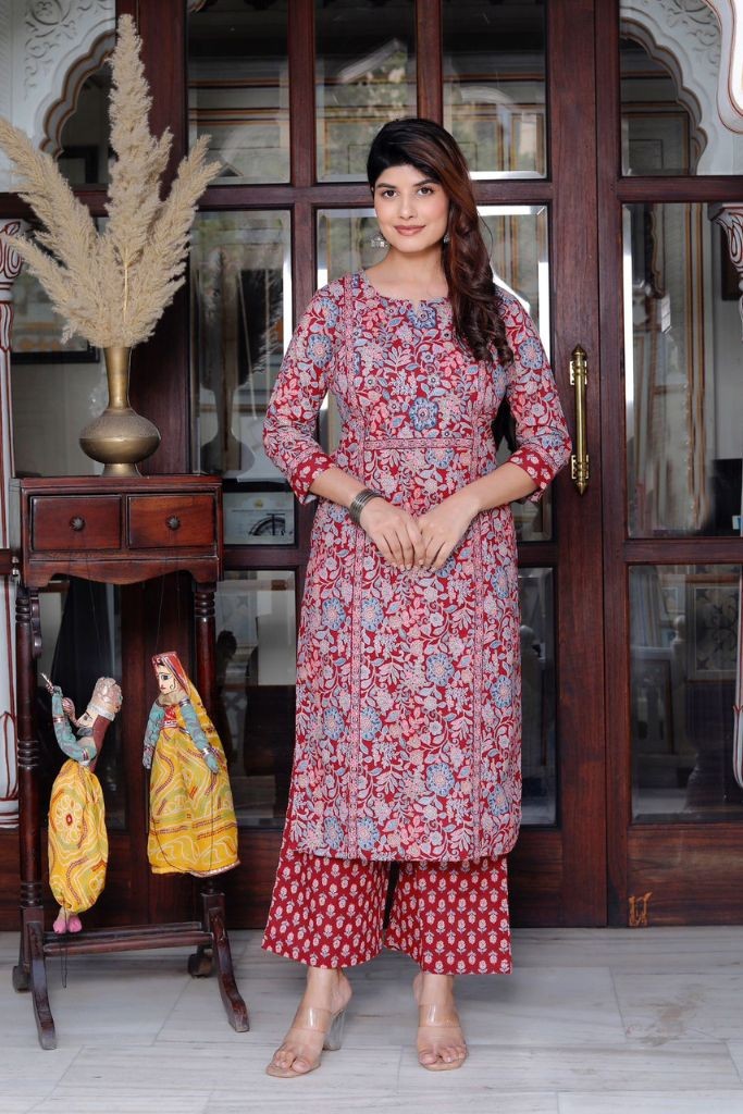 White Maroon Plazo Set With Duppata